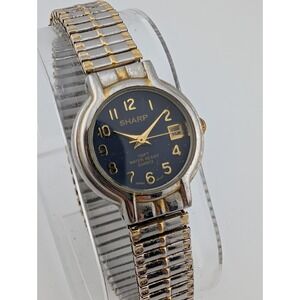Sharp Watch Women 23mm Case Blue Dial Two Tone Stretch Band- New Battery